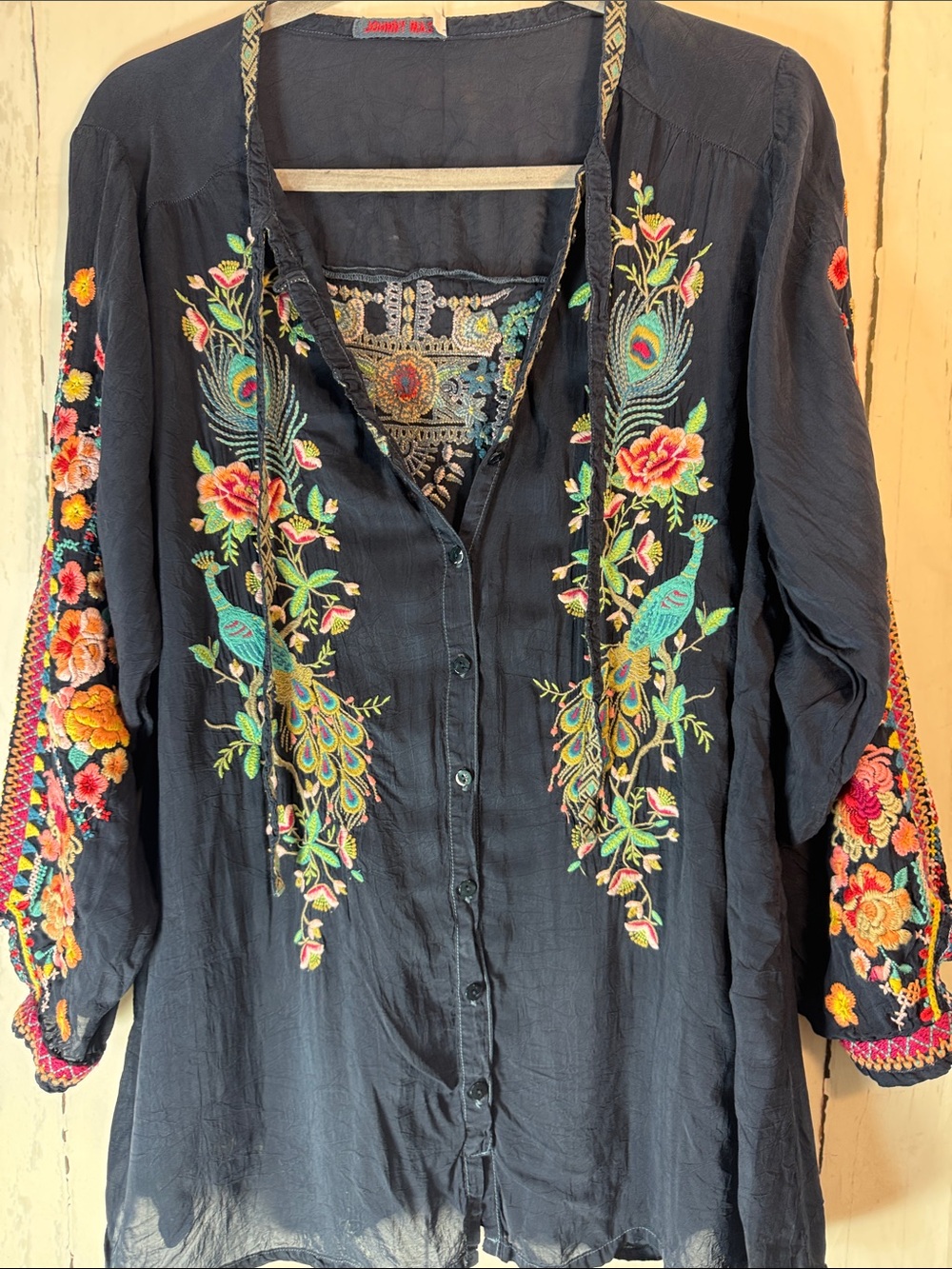 Johnny Was Navy Embroidered Peacock Button-Front Blouse
